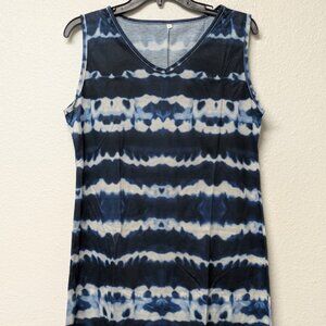Navy Blue V-neck Sleeveless Tie Dye Mini Straight Cut Stretchable Dress - Large